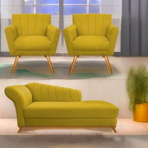 Kit Diva Recamier Vanessa 160Cm Lado Direito E 02 Poltronas Laura Suede Cor Amarelo