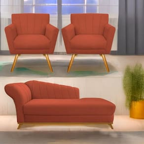 Kit Diva Recamier Vanessa 140Cm Lado Direito E 02 Poltronas Laura Suede Cor Terracota