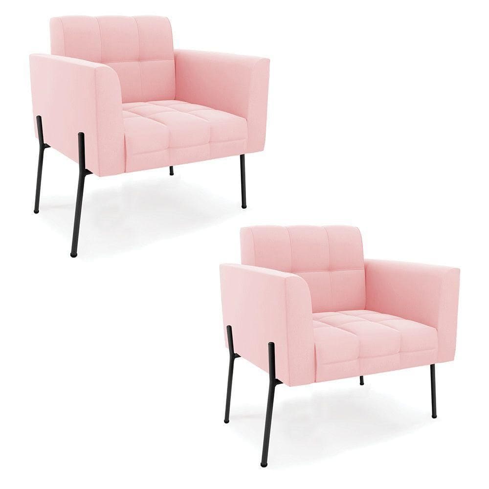 Poltrona Pé De Ferro Preto Para Sala Kit 2 Elisa Suede Rosa Bebê D03 - D`rossi