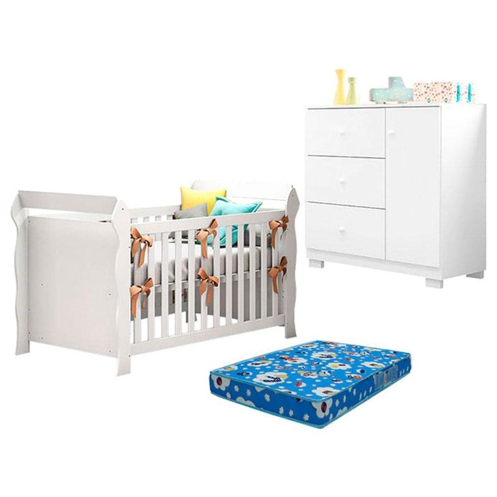 Berço Americano Lara e Cômoda Infantil Duda Branco Brilho com Colchão Ortobom – Phoenix Baby