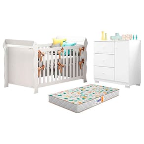 Berço Americano Lara e Cômoda Infantil Duda Branco Brilho com Colchão Gazin – Phoenix Baby