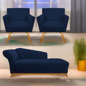 Kit Diva Recamier Vanessa 185Cm Lado Direito E 02 Poltronas Laura Suede Cor Azulmarinho