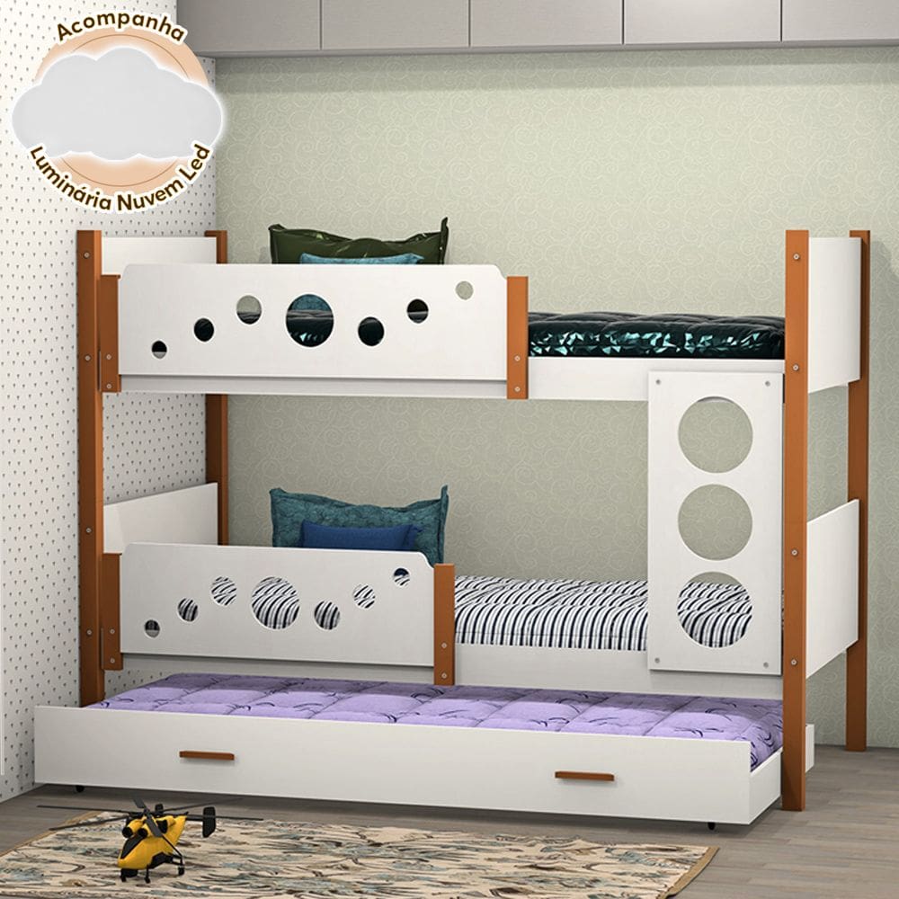 Beliche Infantil Solteiro Star Com Cama Auxiliar Branco Com Castanho Claro Divaloto Acompanha Luminária Nuvem