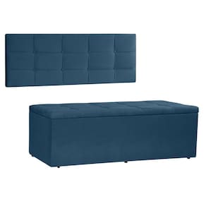Kit Painel E Calçadeira Baú Solteiro 0,90m Roma Suede - Pallazio Cor Azul Marinho