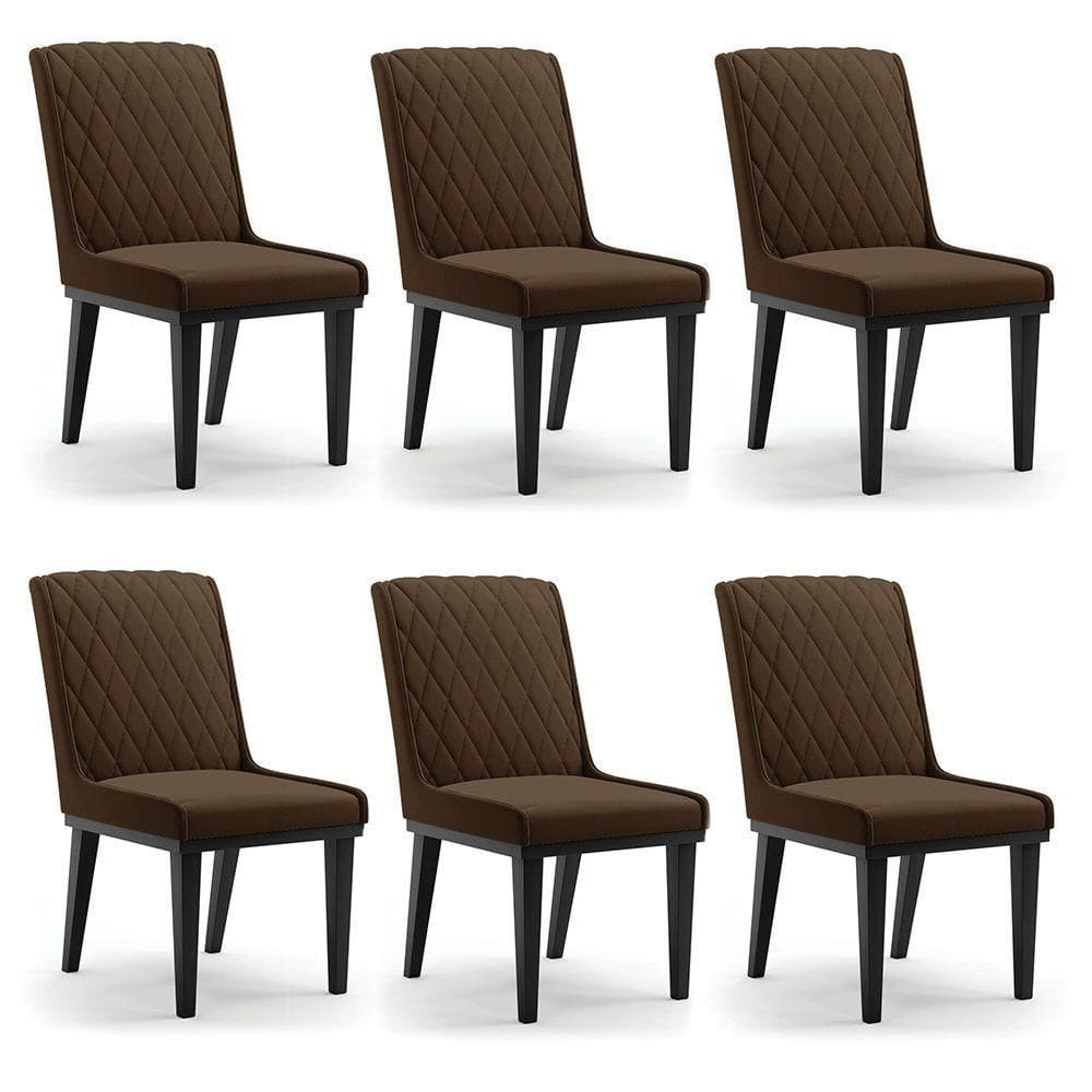 Cadeira Sala De Jantar Base Madeira Preto Kit 6 Sofia Suede D03 - D`rossi Cor Marrom