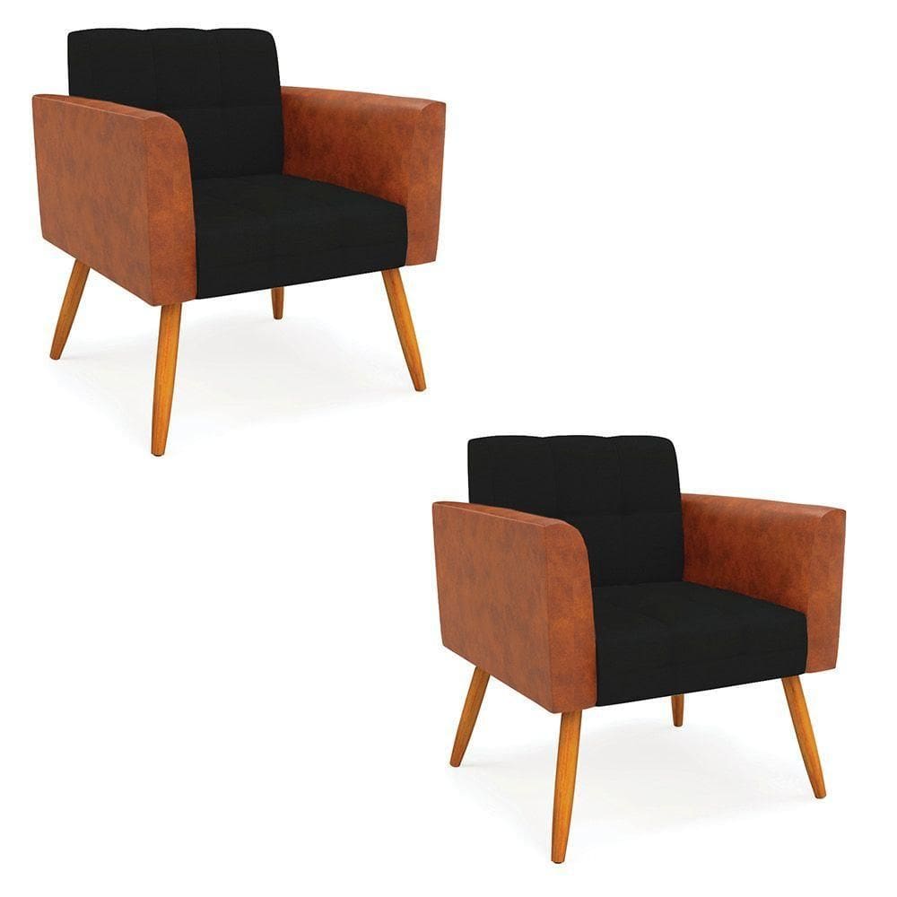 Poltrona Pés Palito Castanho Kit 2 Elisa Nozes-linho Preto A79 D03 - D`rossi