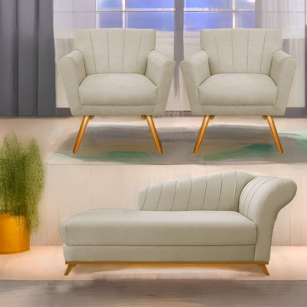 Kit Diva Recamier Vanessa 185Cm Lado Esquerdo E 02 Poltronas Laura Linho Cor Bege