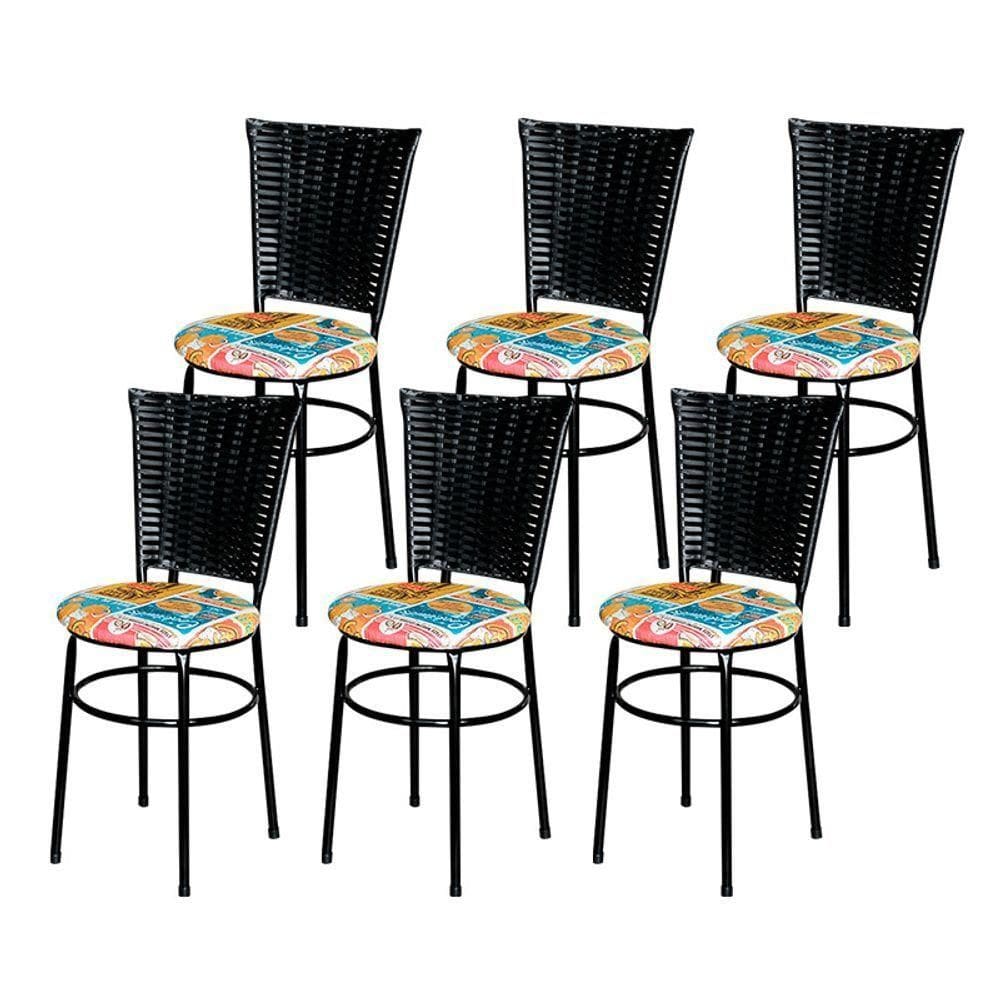6 Cadeiras Para Mesa Preta Hawai Preto Assento Floral Cor:happy Hour