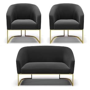 Namoradeira E 2 Poltronas Base Industrial Dourado Stella Suede Preto D03 - D`rossi