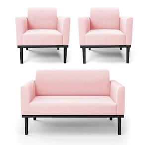 Sofá Namoradeira Com 2 Poltronas Base De Madeira Fixa Preto Marisa Suede Rosa Bebê D03 - D`Rossi