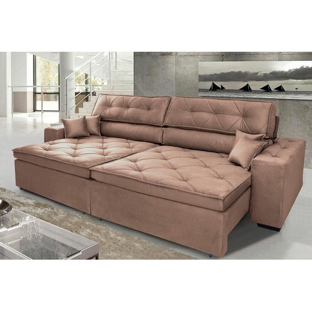 Sofá Austin 2,42m Retrátil, Reclinável Com Molas No Assento E Almofadas, Tecido Suede Castor