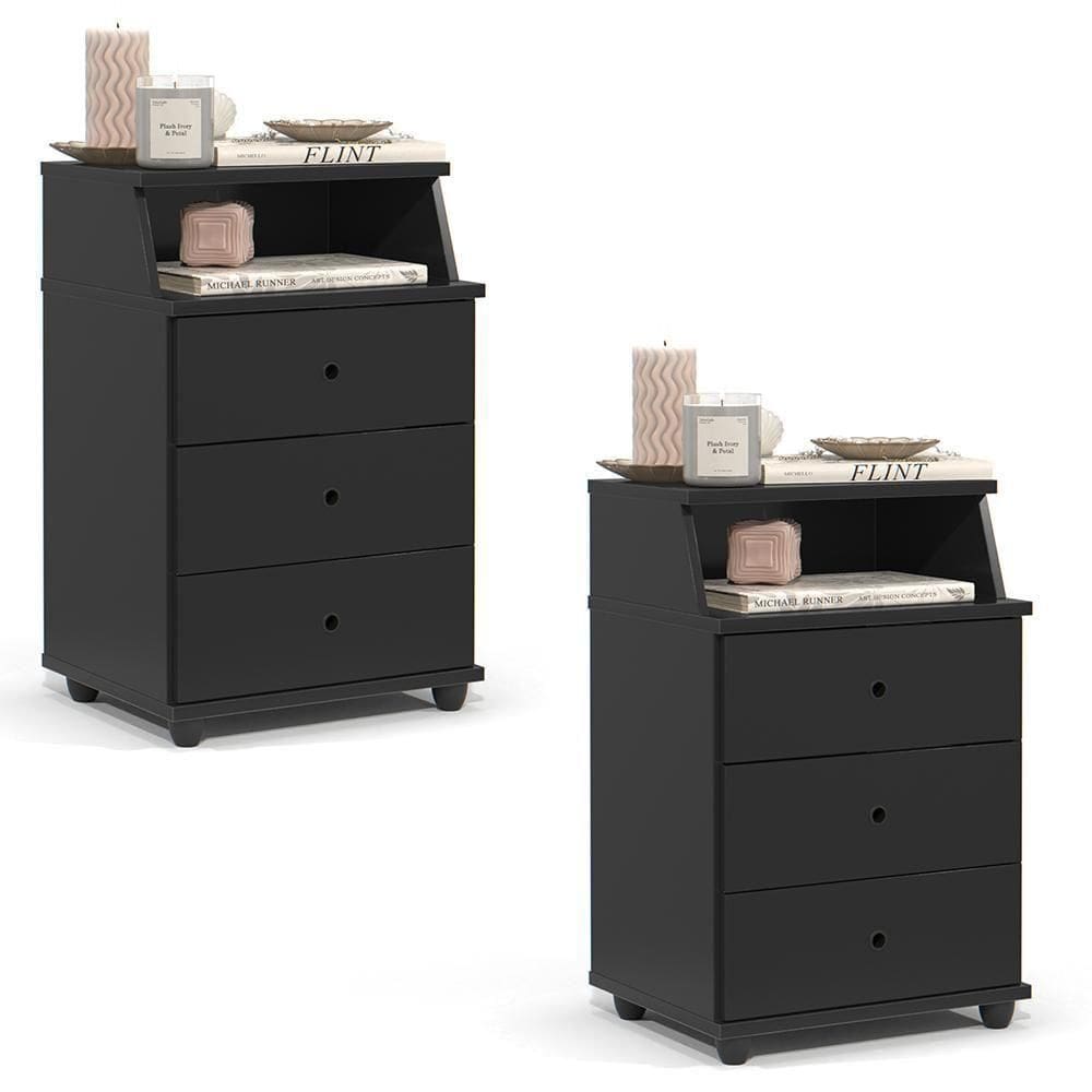 Conjunto De 2 Mesa De Cabeceira Luxo New Com 3 Gavetas Preto Preto