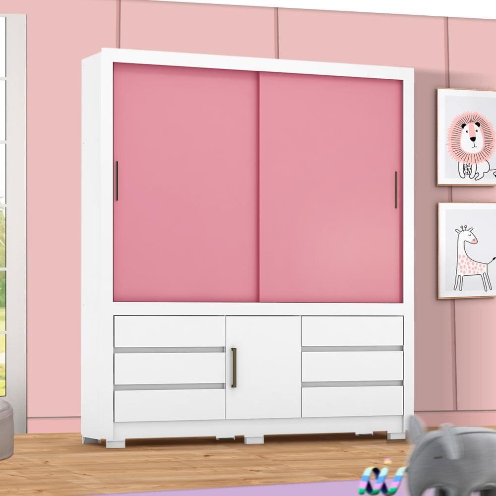 Guarda Roupa Infantil 3 Portas e 6 Gavetas 1.89m Branco Rosa Flex Evolution Shop Jm - Branco