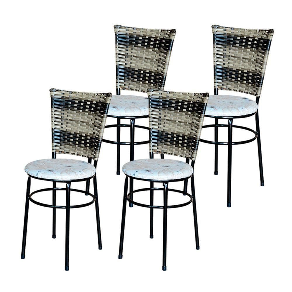 4 Cadeiras Para Mesa Preta Hawai Cappuccino Premium Assento Floral Cor:floral Branco