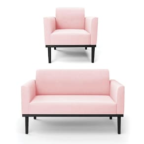 Sofá Namoradeira Com Poltrona Base De Madeira Fixa Preto Marisa Suede D03 - D`Rossi Rosa Bebê