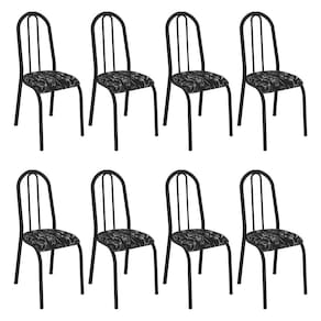 Kit 8 Cadeiras De Cozinha Flórida Estampado Preto Florido Pés De Ferro Preto