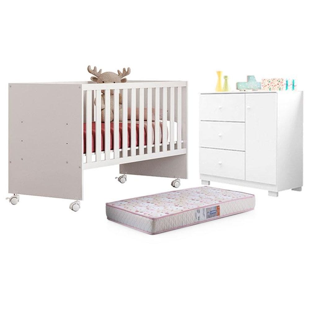 Berço Nacional Doce Sonho 3540 e Cômoda Infantil Duda Branco Brilho com Colchão Gazin - Phoenix Baby