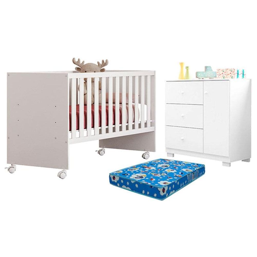 Berço Nacional Doce Sonho 3540 e Cômoda Infantil Duda Branco Brilho com Colchão Ortobom - Phoenix Baby