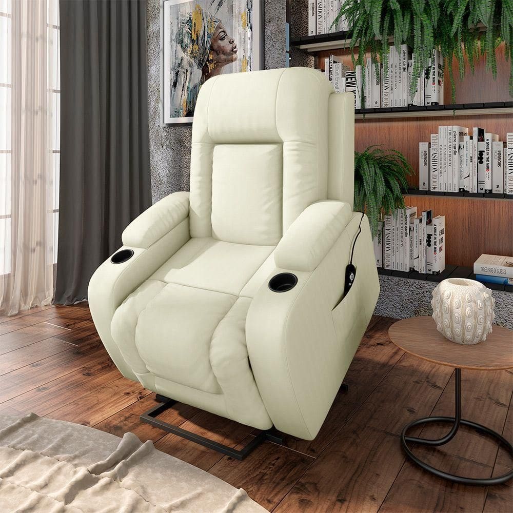 Poltrona Do Papai Reclinável Massagem E Aquecimento 150° 2 Porta Copos Mark Pu Bege G31