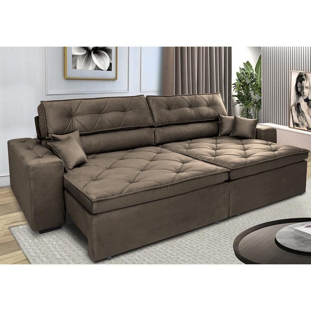 Sofá Retrátil E Reclinável 3,12m Com Molas Cama Inbox Estilo Suede Velusoft Café