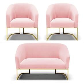Namoradeira E 2 Poltronas Base Industrial Dourado Stella Suede Rosa Bebê D03 - D`rossi