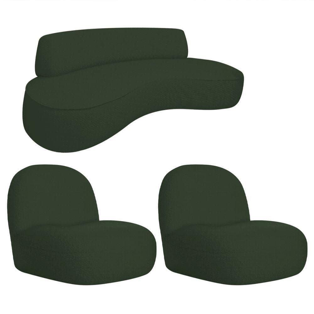 Sofá Curvo 180cm 3 Lugares E 2 Poltrona Amsterdã Linho - Doce Sonho Móveis Cor Verde