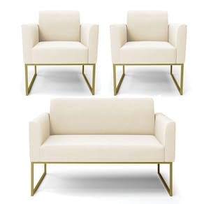 Sofá Namoradeira Com 2 Poltronas Base Industrial Dourado Marisa Veludo Bege D03 - D`rossi