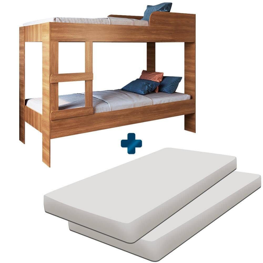 Cama Beliche com 2 Colchões Solteiro Nogal Yanca Jm Móveis - Marrom