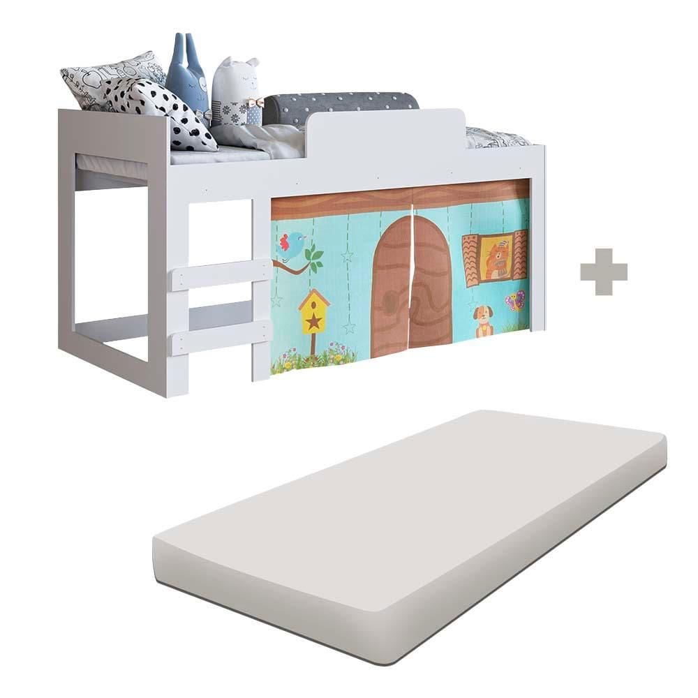Cama Infantil Elevada Cabaninha com Colchão Solteiro Branco Alegria Art In Móveis - Branco
