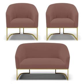 Sofá Namoradeira E 2 Poltronas Base Industrial Dourado Stella Veludo Rosê D03 - D`rossi