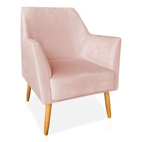 Poltrona Decorativa Julia Veludo Rosa Bebê Pés Palito Castanho