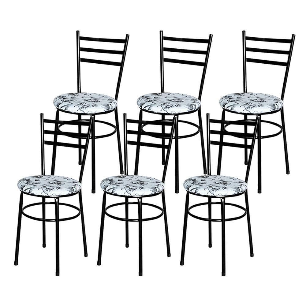 6 Cadeiras Epoxi Preta Para Cozinha Assento Floral Cor:floral Branco
