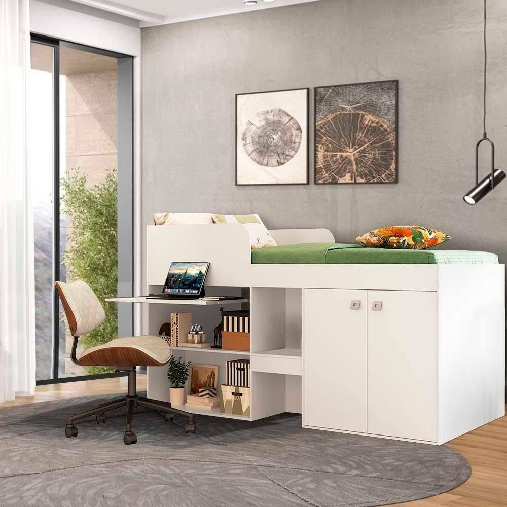 Cama Solteiro com Escrivaninha Branco Marlet Jm Móveis - Branco