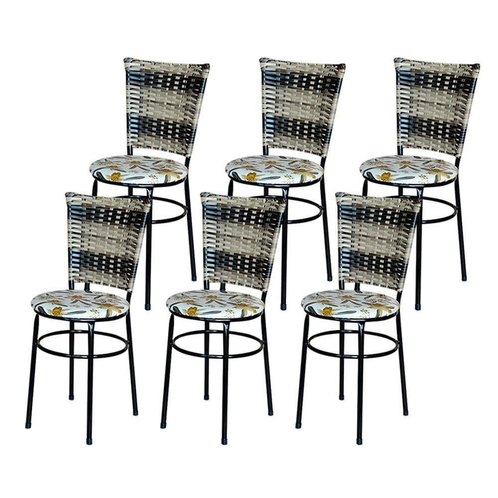 6 Cadeiras Para Cozinha Preta Hawai Cappuccino Premium Assento Floral Cor:floral Orquídea