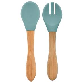 Colher e Garfo Silicone e Bambu Dig In Aqua Green - Minikoioi
