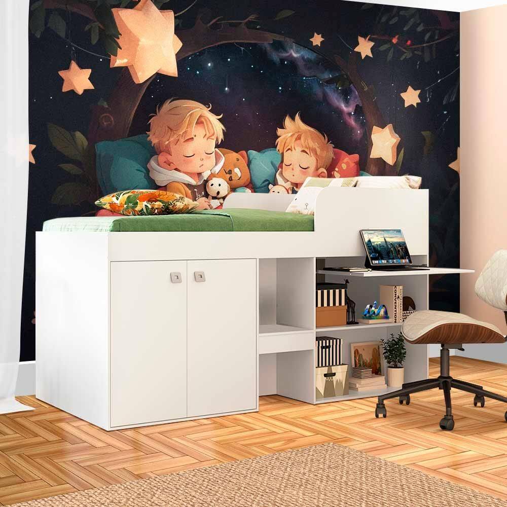 Cama Solteiro com Armário 2 Portas Branco Mazon Jm Móveis - Branco