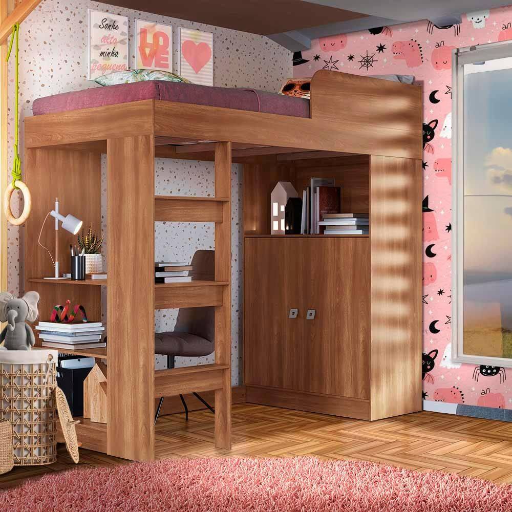 Cama Solteiro com Armário 2 Portas Nogal Song Jm Móveis - Marrom