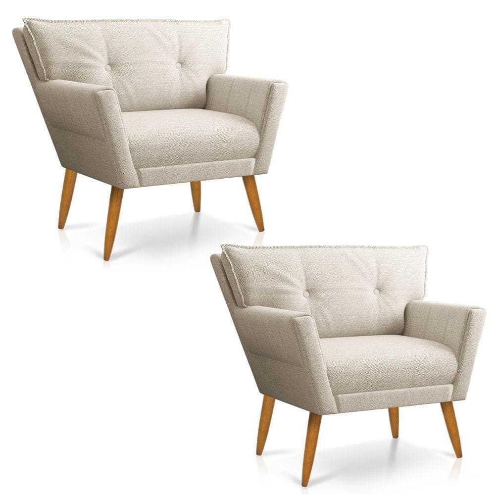 Kit 02 Poltronas Linho Fino Bege A27 Pés Palito Castanho