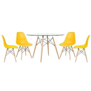 Mesa Redonda Eames Com Tampo De Vidro 120 Cm + 4 Cadeiras Eiffel Dsw Amarelo Amarelo