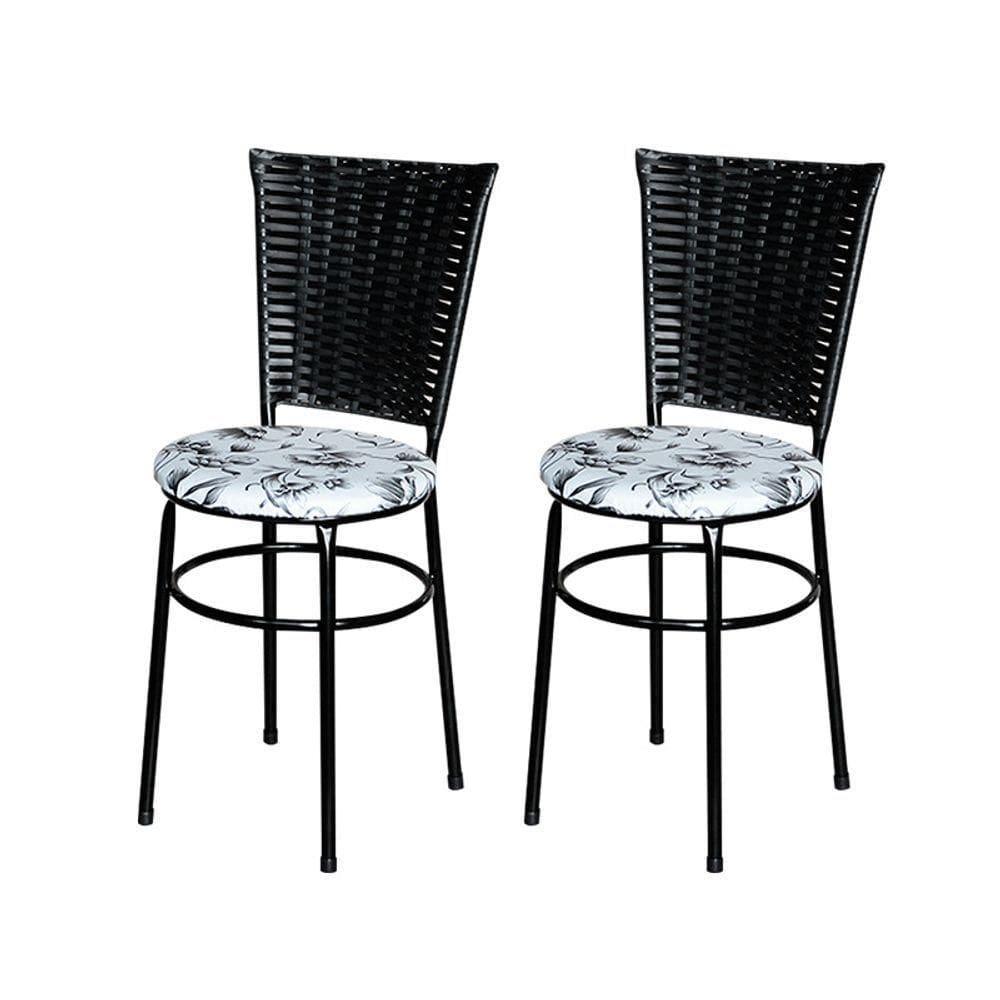 2 Cadeiras Pretas Para Cozinha Hawai Preta Com Assento Floral Cor:floral Branco