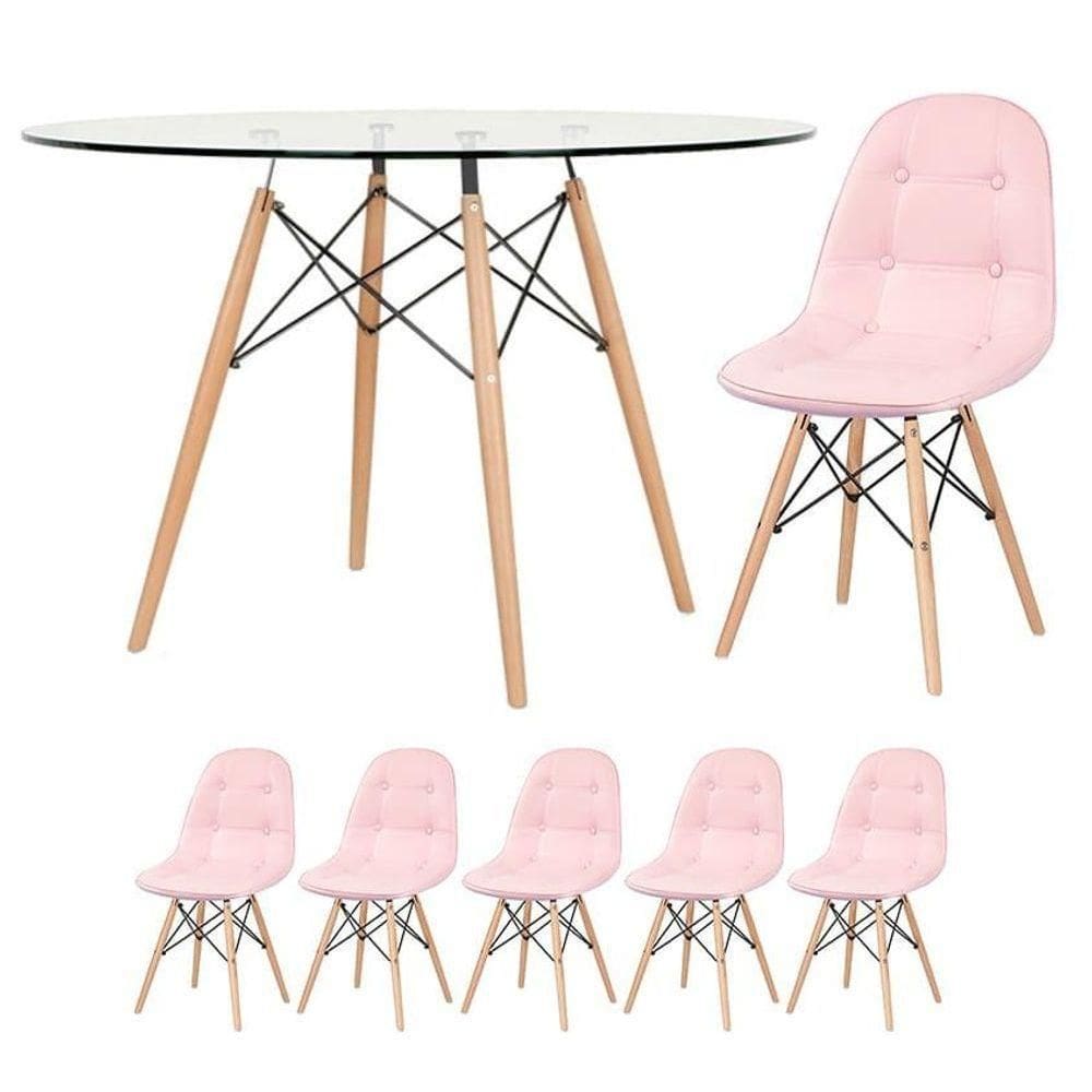 Mesa Eames Com Tampo De Vidro 120 Cm + 5 Cadeiras Estofadas Eiffel Botonê Rosa Rosa - Blush
