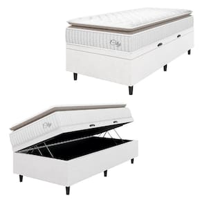 Cama Box Baú Colchão Solteiro Molas Ensacadas City Pillow Top 88x188x64cm Linho Branco / Bege Hellen Branco