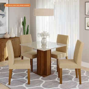 Conjunto Sala De Jantar Sophia 95x95 Tampo Mdf/vidro 4 Cadeiras Maia Cimol Nature/off Whitegengibre
