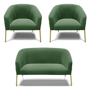 Sofá Namoradeira E 2 Poltronas Pé De Ferro Dourado Stella Suede D03 - D`rossi Cor Verde