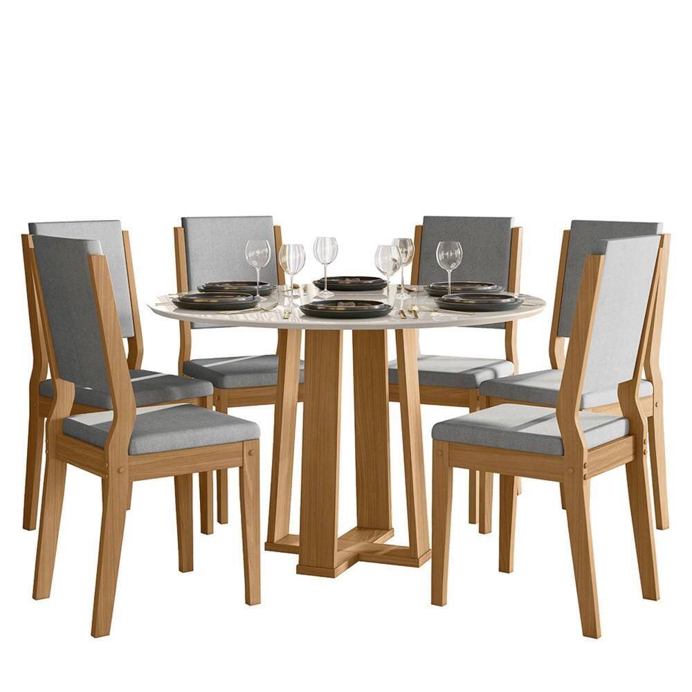Mesa de Jantar Isabela 120x120 com 6 Cadeiras Carol - New Ceval - Cinza Claro
