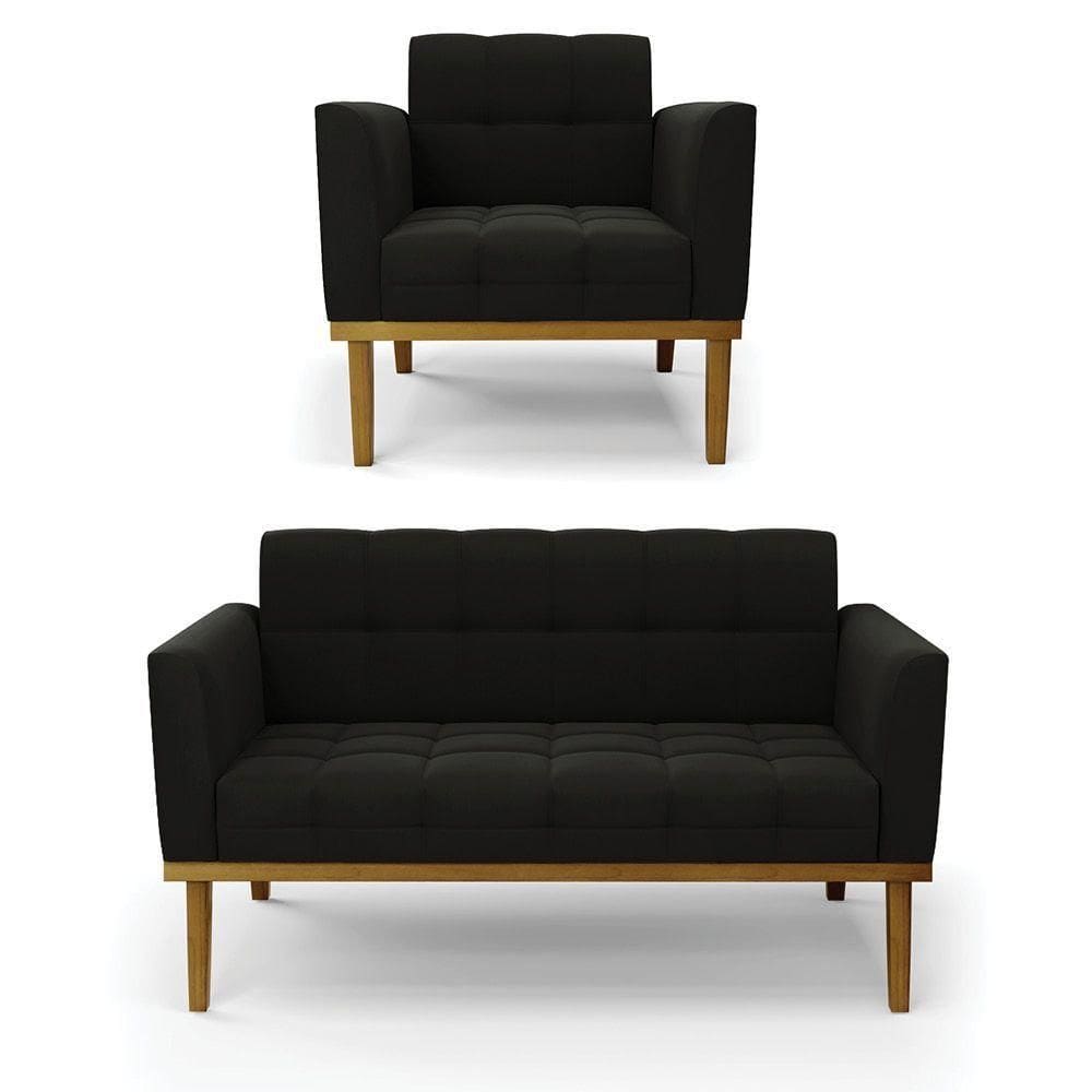 Namoradeira E Poltrona Base De Madeira Castanho Elisa Suede Preto D03 - D`rossi