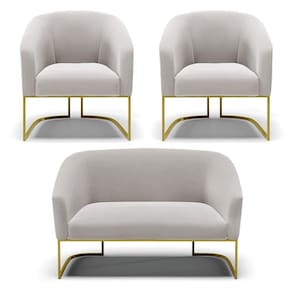 Sofá Namoradeira E 2 Poltronas Base Industrial Dourado Stella Veludo Cinza D03 - D`rossi