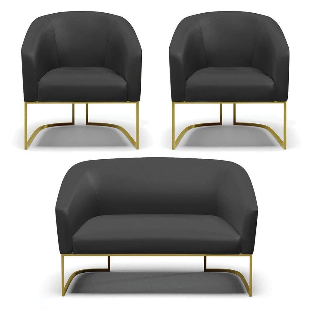 Sofá Namoradeira E 2 Poltronas Base Industrial Dourado Stella Corino Preto D03 - D`rossi