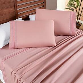 Jogo Cama Lençol Honore Solteiro Micro Percal 200 Fios c/ Detalhes Bordados 3 Peças - Sal Rosa
