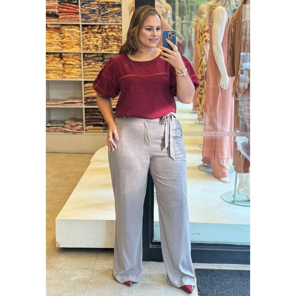 Calça Feminina Plus Size Pantalona Faixa Em Linho - Cinza - 46